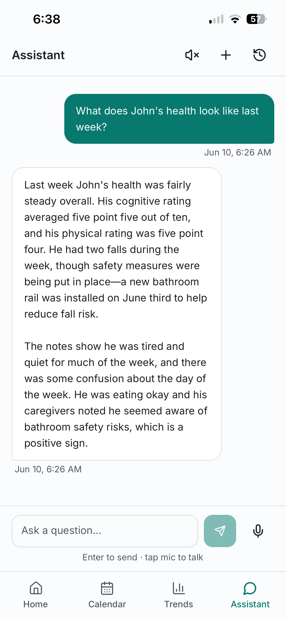 AI assistant conversation showing contextual health summary for the week