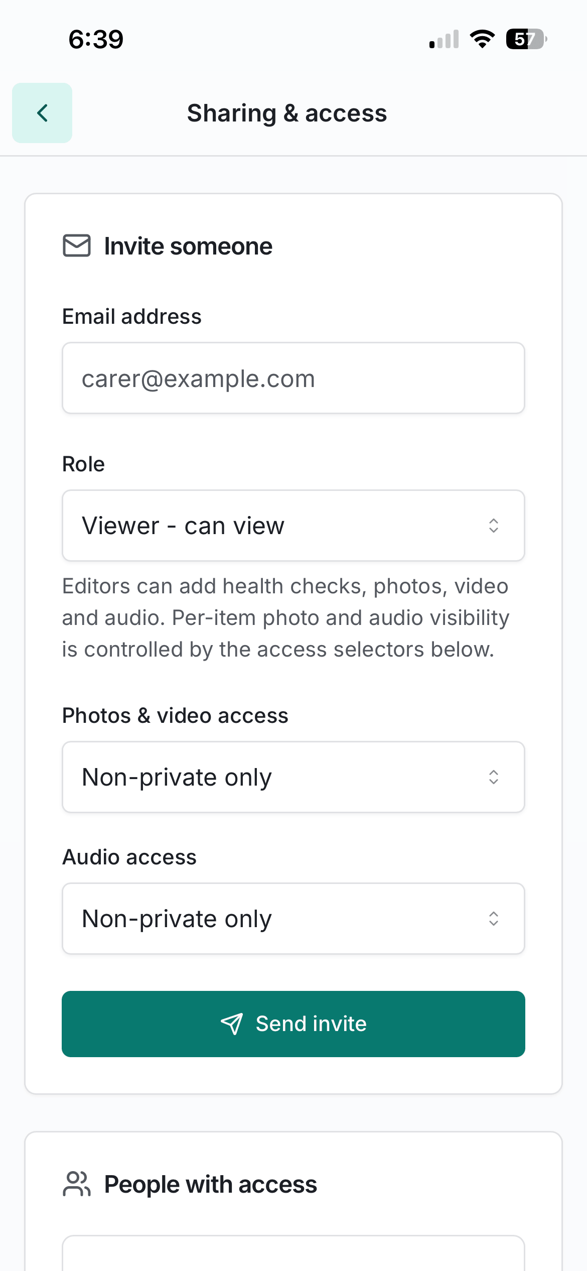 Care team access management showing role assignments